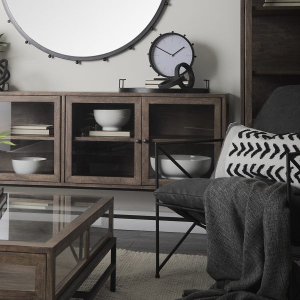Arelius 70L x 18W x 32H Medium Brown Black Metal Base w 4 Glass Door Cabinets Sideboard 2