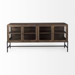 Arelius 70L x 18W x 32H Medium Brown, Black Metal Base w/ 4 Glass Door Cabinets Sideboard