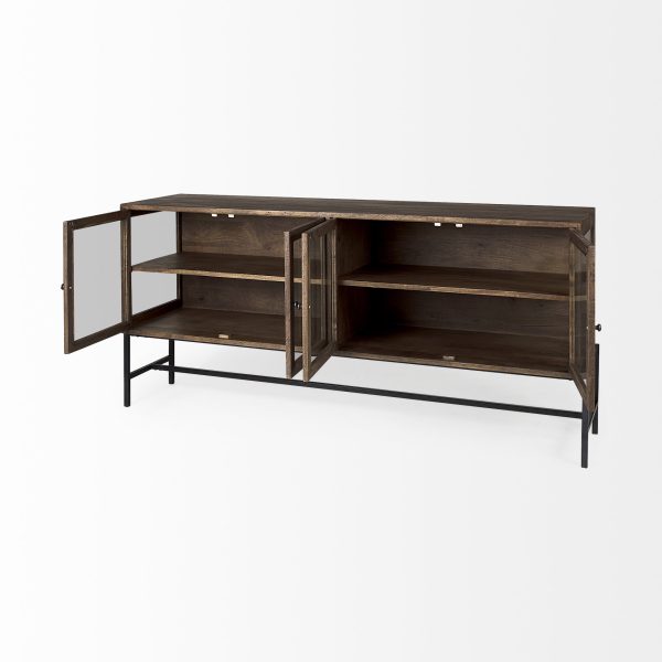 Arelius 70L x 18W x 32H Medium Brown Black Metal Base w 4 Glass Door Cabinets Sideboard 6