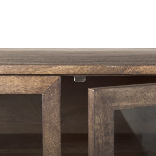 Arelius 70L x 18W x 32H Medium Brown Black Metal Base w 4 Glass Door Cabinets Sideboard 8