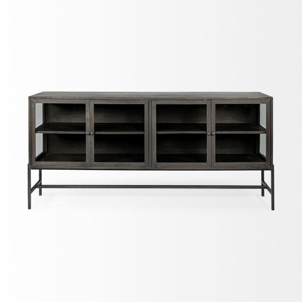 Arelius 70x18 Black Brown Wood Black Metal Base w 4 Glass Cabinet Doors Sideboard 2