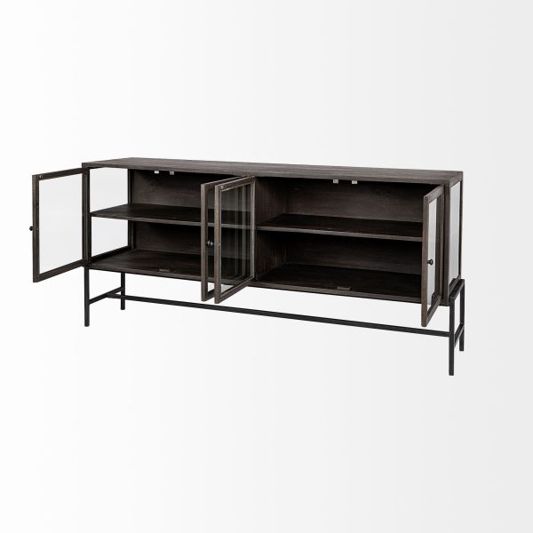 Arelius 70x18 Black Brown Wood Black Metal Base w 4 Glass Cabinet Doors Sideboard 4