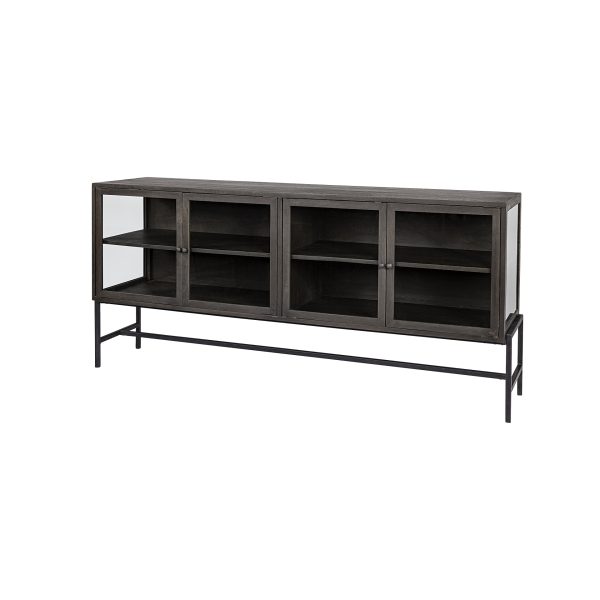 Arelius 70x18 Black Brown Wood Black Metal Base w 4 Glass Cabinet Doors Sideboard
