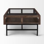 Arelius Rectangular Glass-Top Medium Brown Wood w/ Black Metal Base Display Coffee Table