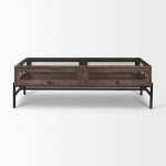 Arelius Rectangular Glass-Top Medium Brown Wood w/ Black Metal Base Display Coffee Table
