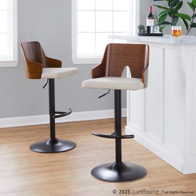 Ariana Mid-Century Modern Adjustable Swivel Barstool Black Walnut Beige (Set of 2)