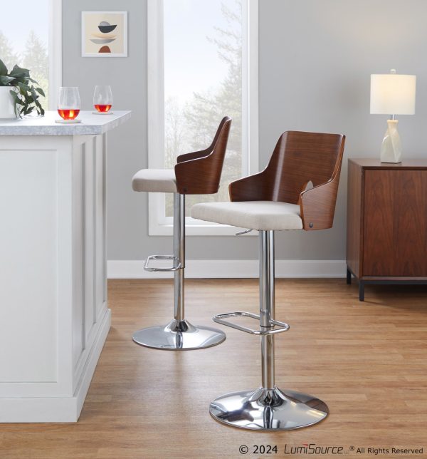 Ariana Mid Century Modern Swivel Adjustable Barstool Chrome Walnut Beige Set of 2 1