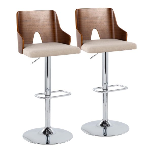 Ariana Mid Century Modern Swivel Adjustable Barstool Chrome Walnut Beige Set of 2 2