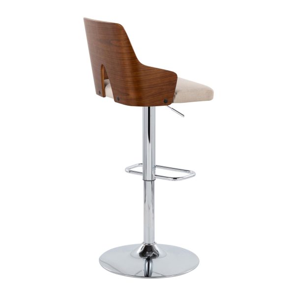 Ariana Mid Century Modern Swivel Adjustable Barstool Chrome Walnut Beige Set of 2 5
