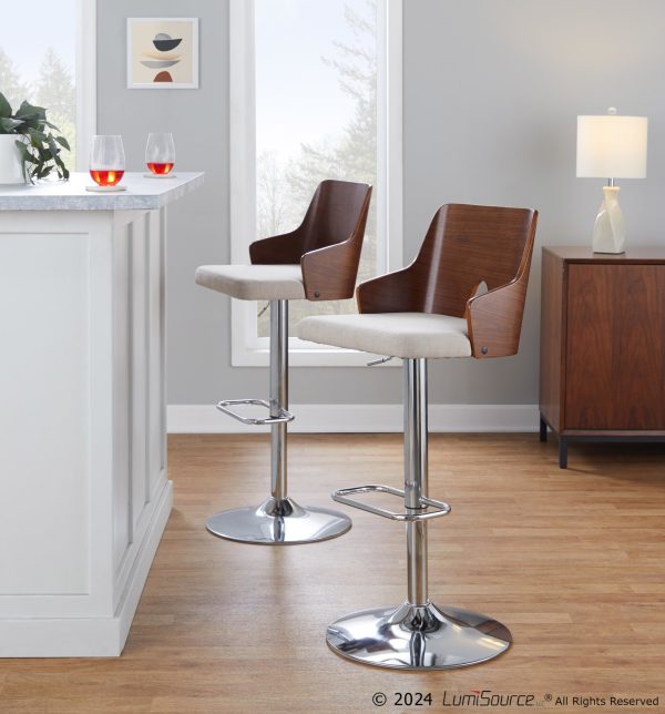 Ariana Mid Century Modern Swivel Adjustable Barstool Chrome Walnut Beige Set of 2
