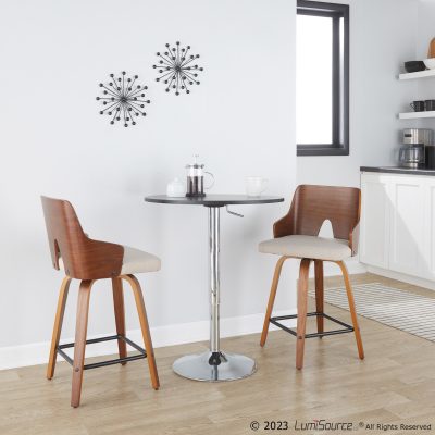 Ariana Walnut Beige Mid-Century Modern Swivel Counter Stools (Set of 2)