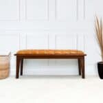 Tan Leather Mid-Century Modern Upholstered Bench With Wood Frame 12 Tan Leather Mid-Century Modern Upholstered Bench With Wood Frame