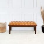 Tan Leather Mid-Century Modern Upholstered Bench With Wood Frame 10 Tan Leather Mid-Century Modern Upholstered Bench With Wood Frame