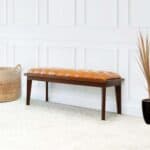 Tan Leather Mid-Century Modern Upholstered Bench With Wood Frame 11 Tan Leather Mid-Century Modern Upholstered Bench With Wood Frame