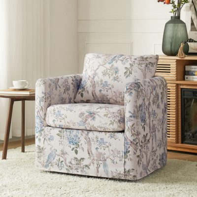 Armando Bird Floral Linen Swivel Accent Chair