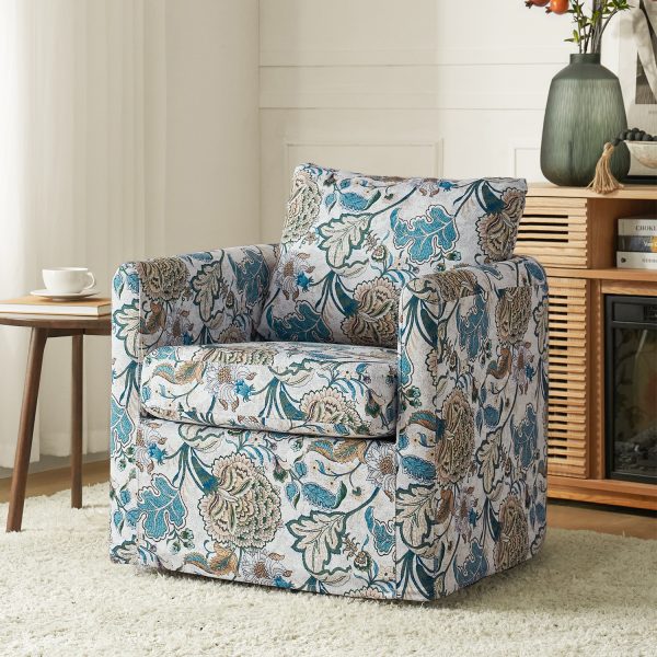 Armando Blue Floral Chenille 360 Swivel Slipcovered Accent Chair