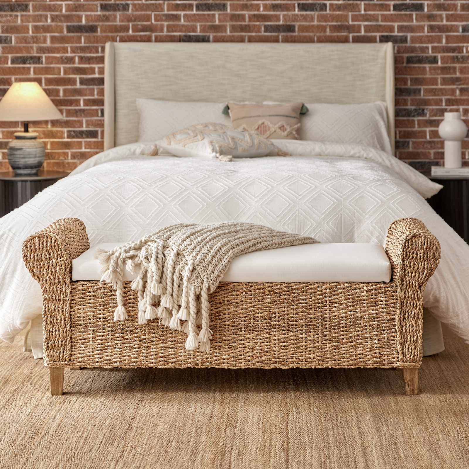Arnaldo Boho Water Hyacinth Roll Arm Storage Bench 2 Arnaldo Boho Water Hyacinth Roll Arm Storage Bench - Image 2