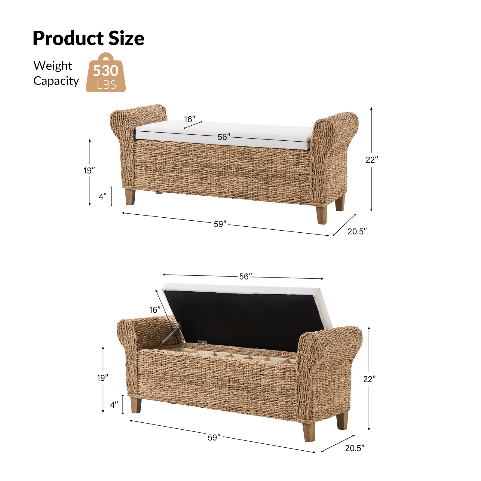 Arnaldo Boho Water Hyacinth Roll Arm Storage Bench 5 Arnaldo Boho Water Hyacinth Roll Arm Storage Bench - Image 5