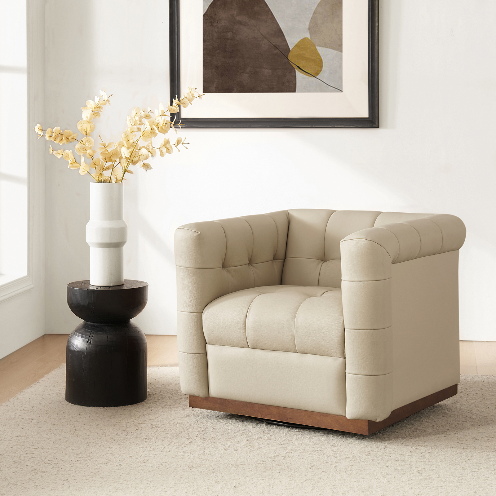 Arnold Beige Leather Mid-Century Modern Swivel Barrel Chair 2 Arnold Beige Leather Mid-Century Modern Swivel Barrel Chair - Image 2