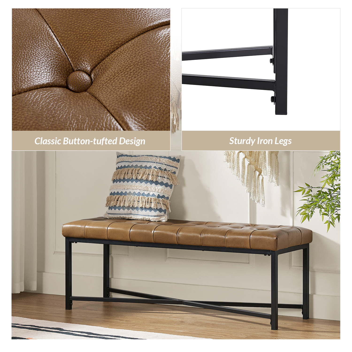 Arnold Camel Leather Button-Tufted Flip Top Storage Bench 4 Arnold Camel Leather Button-Tufted Flip Top Storage Bench - Image 4