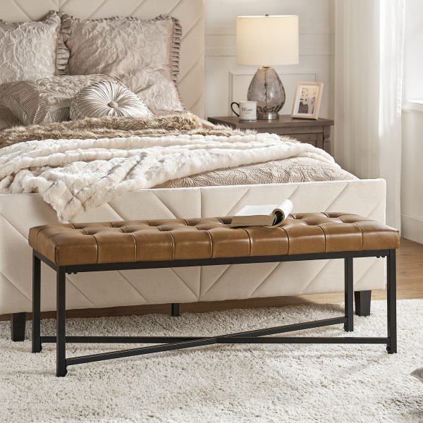 Arnold Camel Leather Button Tufted Flip Top Storage Bench