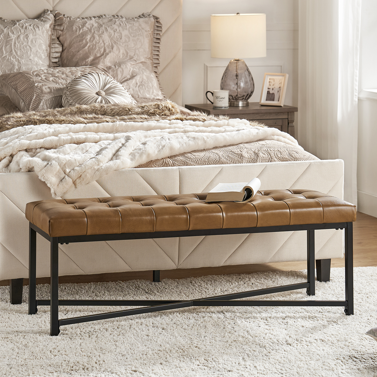 Arnold Camel Leather Button-Tufted Flip Top Storage Bench 1 Arnold Camel Leather Button-Tufted Flip Top Storage Bench