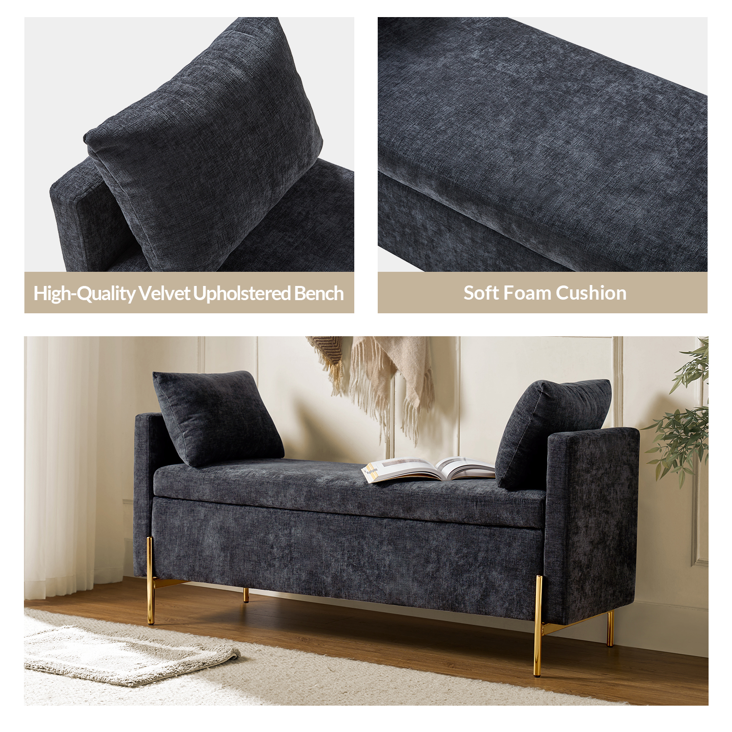 Arrigo Black Velvet Modern Storage Bench with Gold Legs 4 Arrigo Black Velvet Modern Storage Bench with Gold Legs - Image 4