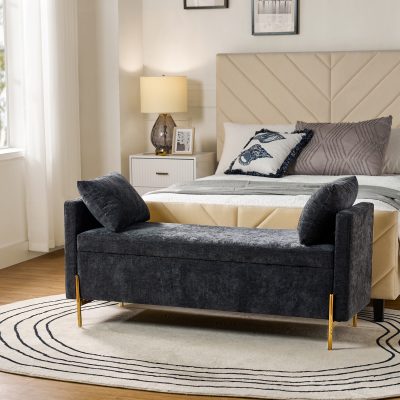 Arrigo Black Velvet Modern Storage Bench with Gold Legs