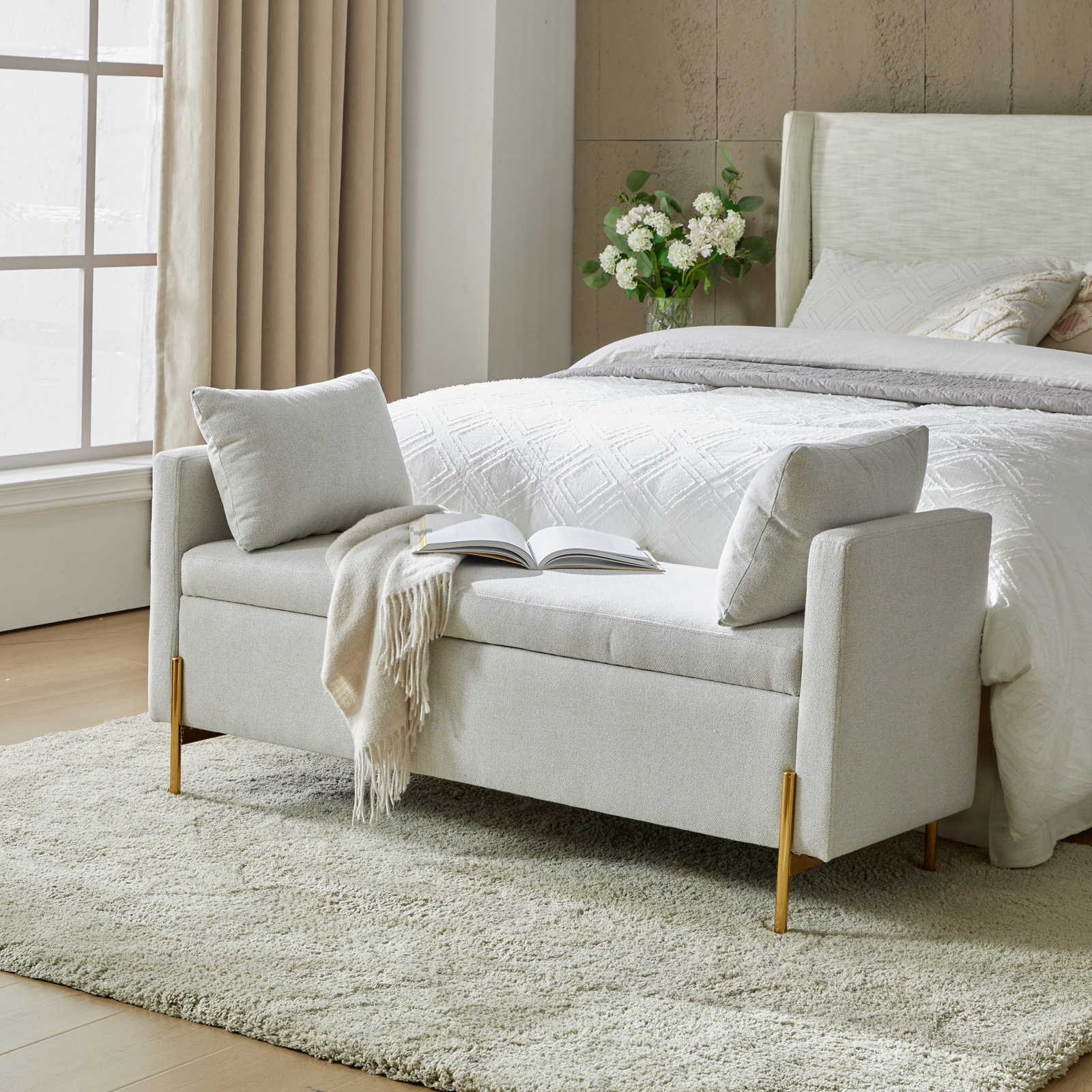 Arrigo Grey Velvet Modern Flip-Top Storage Bench with Gold Legs 2 Arrigo Grey Velvet Modern Flip-Top Storage Bench with Gold Legs - Image 2