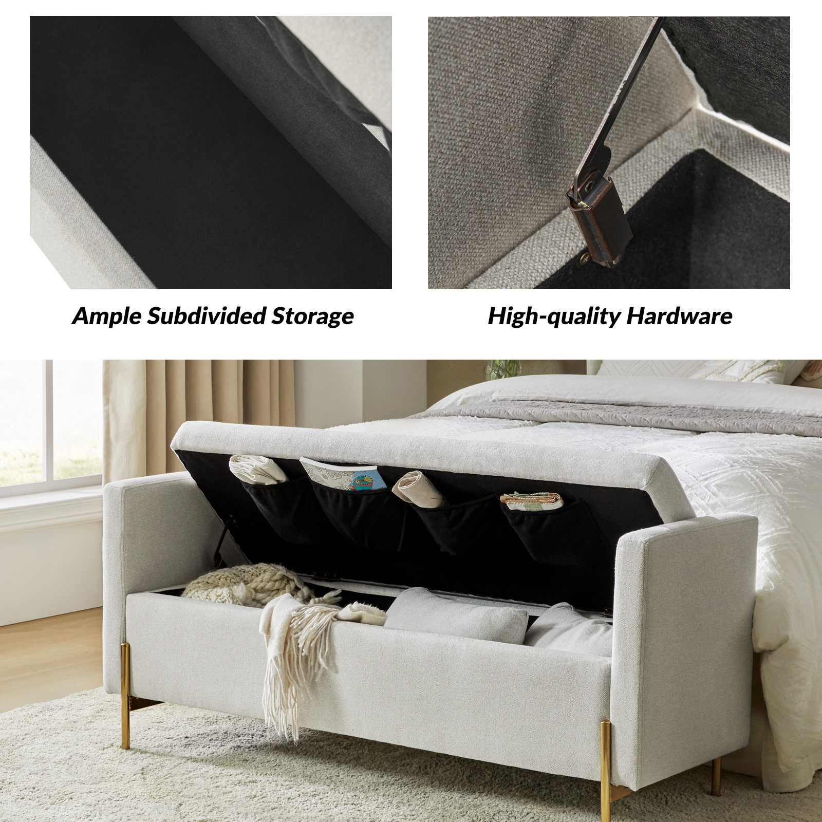 Arrigo Grey Velvet Modern Flip-Top Storage Bench with Gold Legs 3 Arrigo Grey Velvet Modern Flip-Top Storage Bench with Gold Legs - Image 3