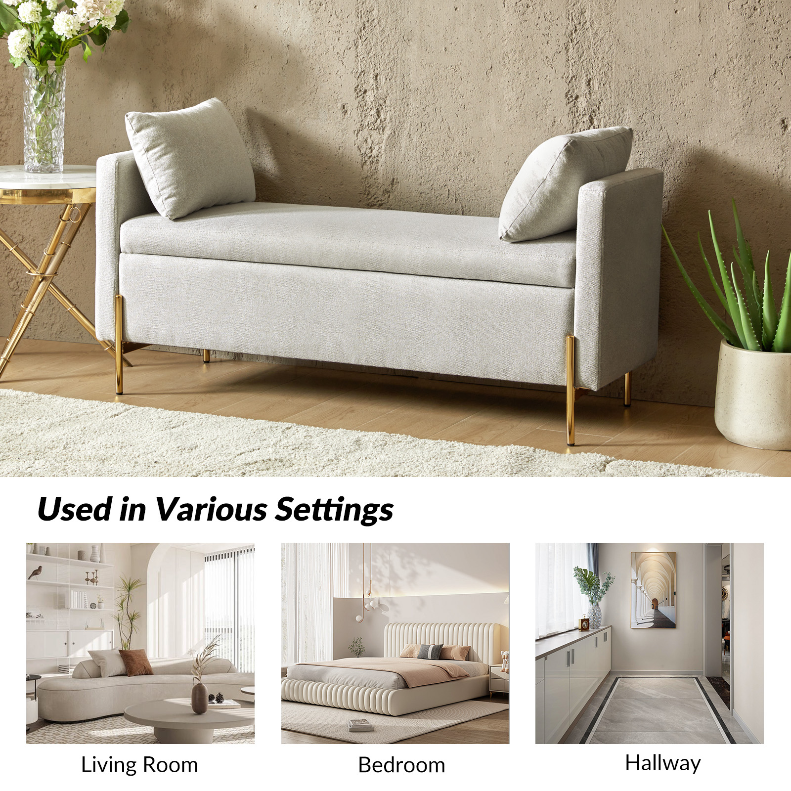 Arrigo Grey Velvet Modern Flip-Top Storage Bench with Gold Legs 5 Arrigo Grey Velvet Modern Flip-Top Storage Bench with Gold Legs - Image 5