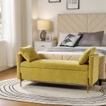 Arrigo Mustard Velvet Modern Storage Bench with Gold Legs 6 Arrigo Mustard Velvet Modern Storage Bench with Gold Legs