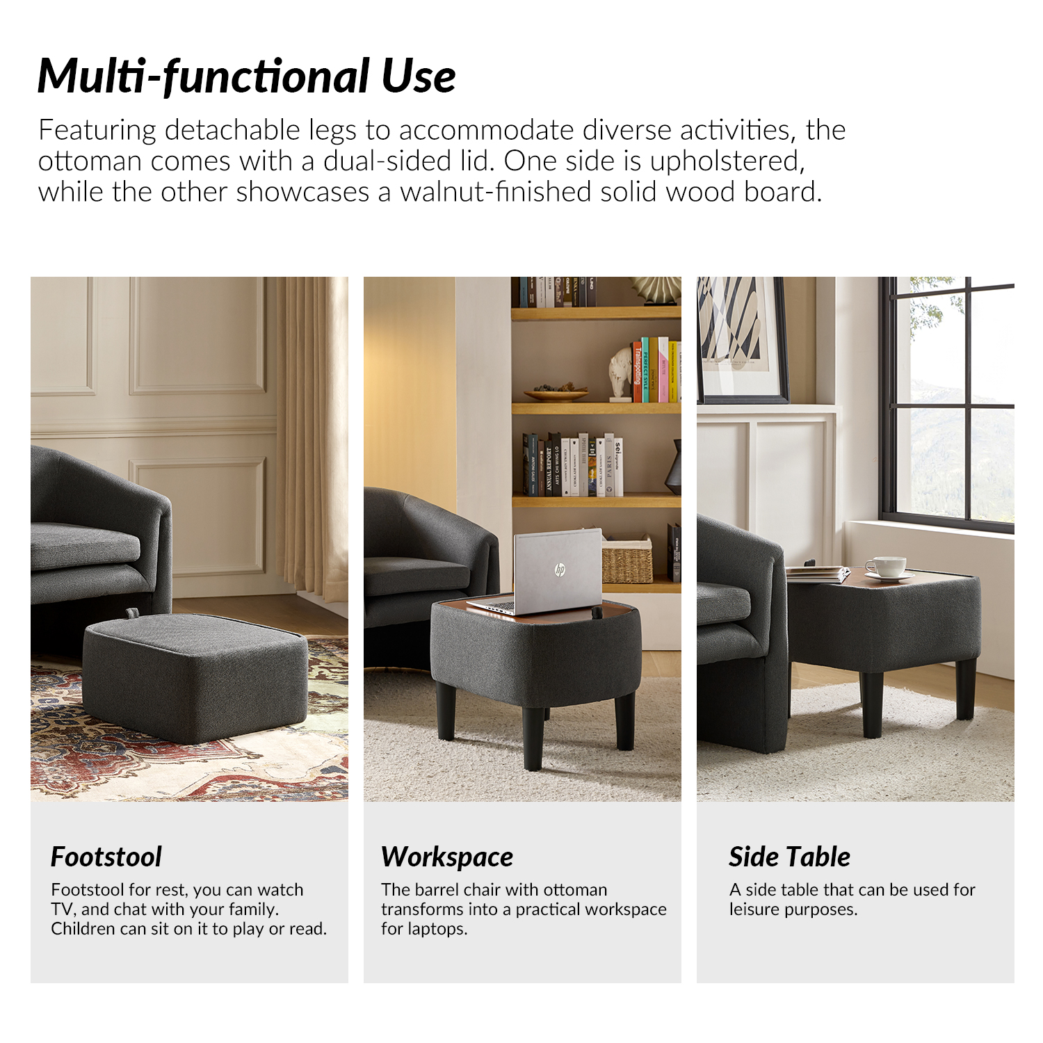 Arturo Charcoal Linen Barrel Accent Chair with Storage Ottoman 4 Arturo Charcoal Linen Barrel Accent Chair with Storage Ottoman - Image 4