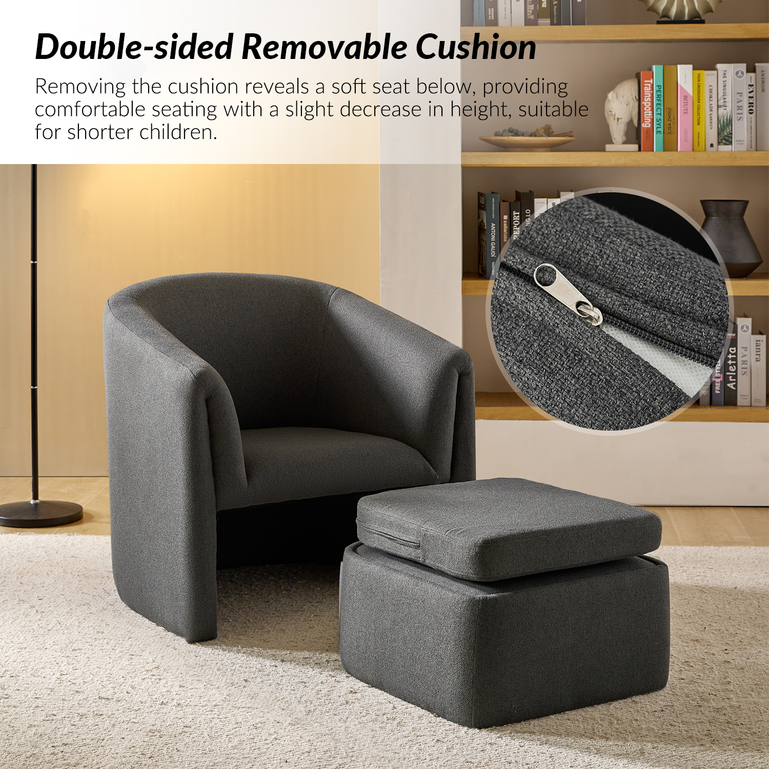 Arturo Charcoal Linen Barrel Accent Chair with Storage Ottoman 5 Arturo Charcoal Linen Barrel Accent Chair with Storage Ottoman - Image 5