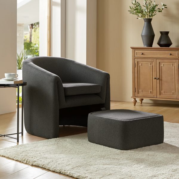 Arturo Charcoal Linen Barrel Accent Chair with Storage Ottoman
