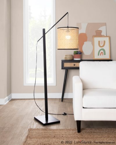 Arturo Contemporary Black Wood and Steel Rattan Floor Lamp