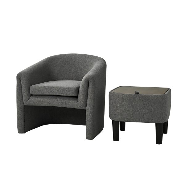 Arturo Grey Linen Barrel Accent Chair with Storage Ottoman 1
