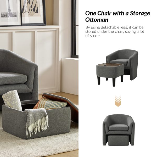 Arturo Grey Linen Barrel Accent Chair with Storage Ottoman 2
