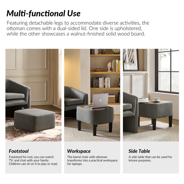 Arturo Grey Linen Barrel Accent Chair with Storage Ottoman 3