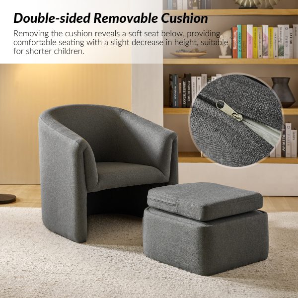 Arturo Grey Linen Barrel Accent Chair with Storage Ottoman 4