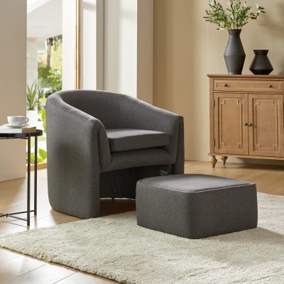 Arturo Grey Linen Barrel Accent Chair with Storage Ottoman