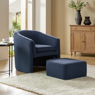 Arturo Navy Linen Barrel Accent Chair with Storage Ottoman