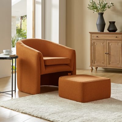 Arturo Orange Linen Barrel Chair with Storage Ottoman