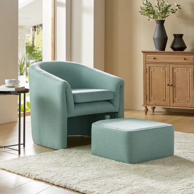Arturo Teal Linen Barrel Armchair with Storage Ottoman