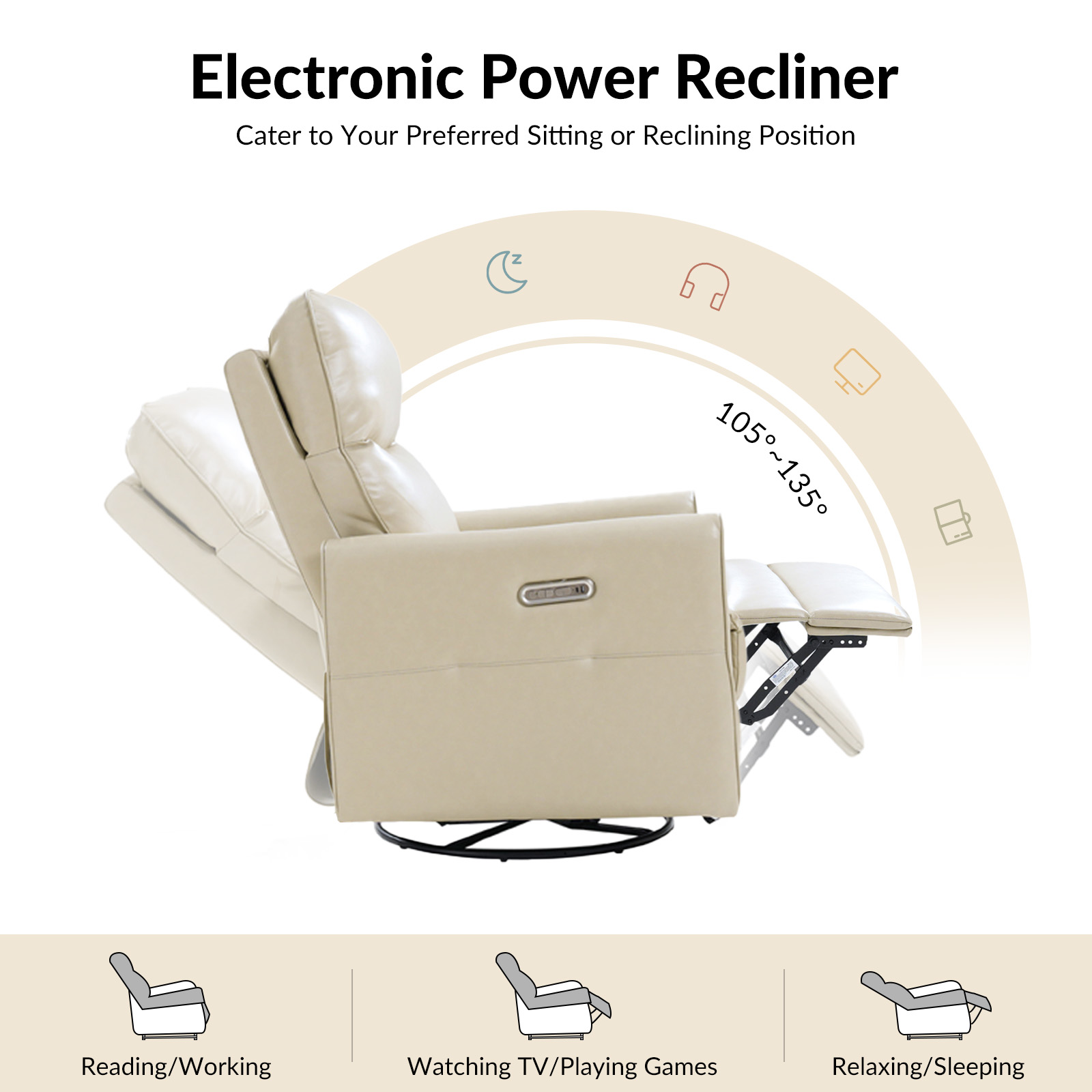 August Beige Faux Leather Power Recliner USB Charging Swivel Glider 3 August Beige Faux Leather Power Recliner USB Charging Swivel Glider - Image 3
