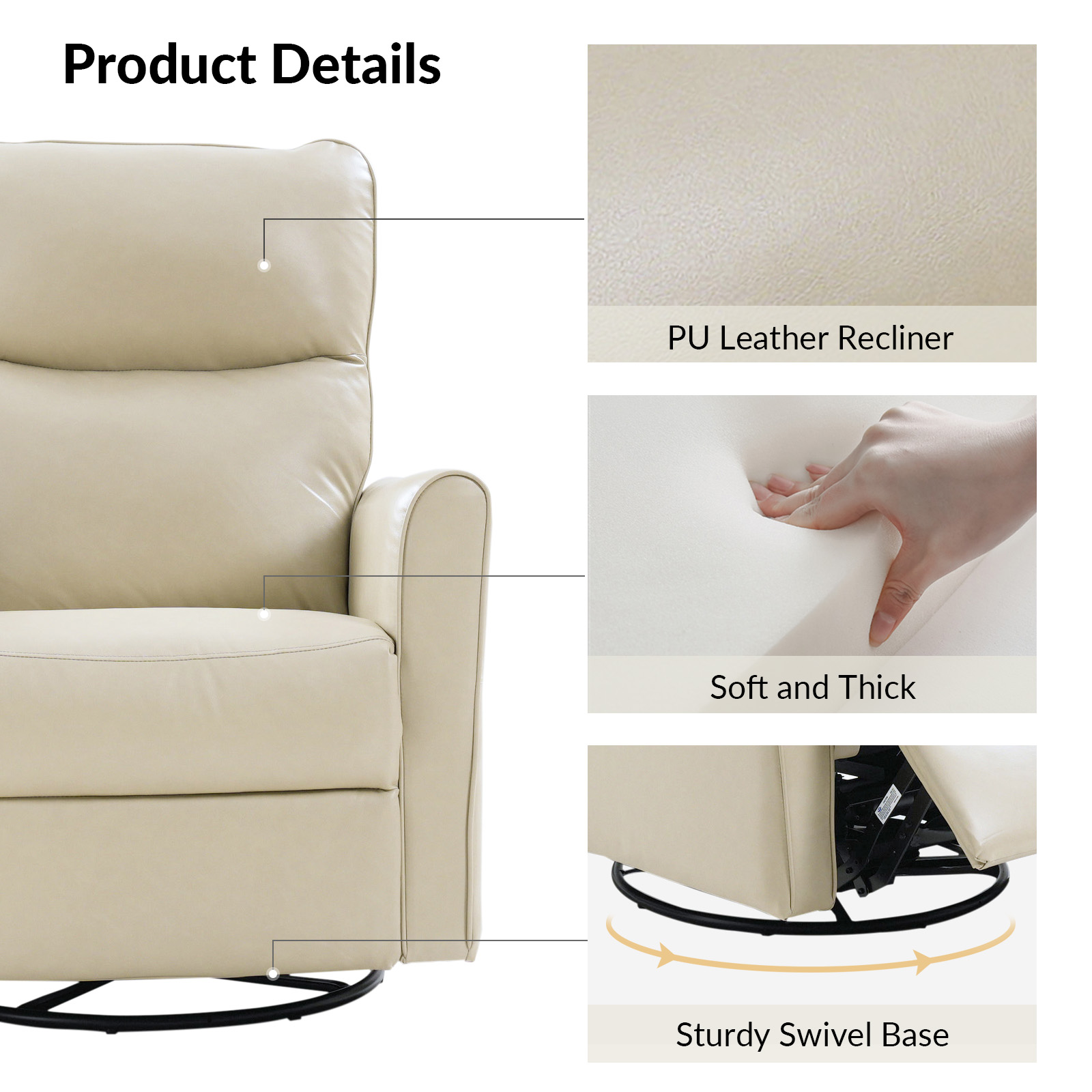 August Beige Faux Leather Power Recliner USB Charging Swivel Glider 4 August Beige Faux Leather Power Recliner USB Charging Swivel Glider - Image 4
