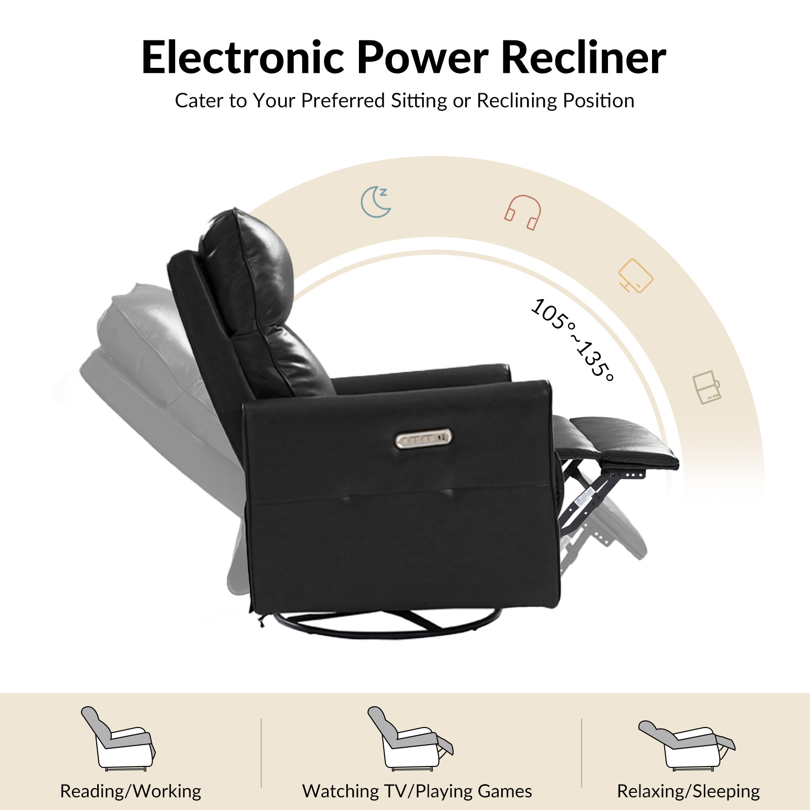 August Black Faux Leather Power Recliner with USB and Light 3 August Black Faux Leather Power Recliner with USB and Light - Image 3