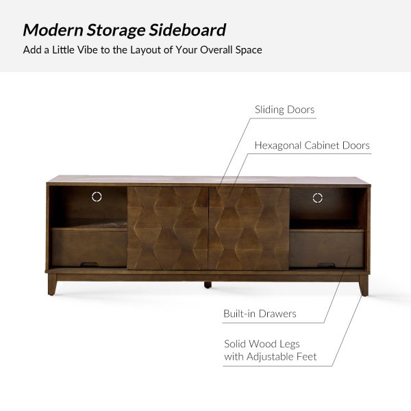 August Walnut 72 Inch Hexagonal Door Sliding Modern TV Stand 3