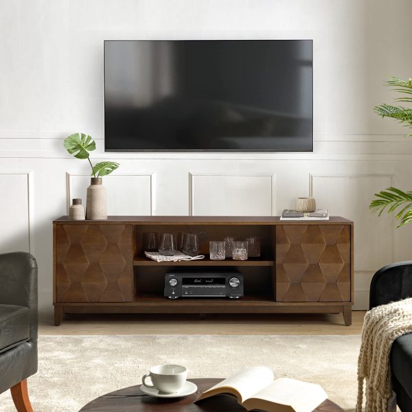 August Walnut 72 Inch Hexagonal Door Sliding Modern TV Stand