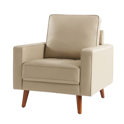 Aurelian Beige Genuine Leather Mid-Century Modern Armchair
